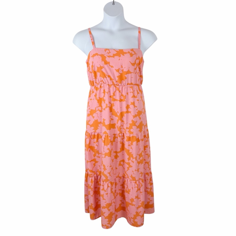 Social Standard by Sanctuary Pink Orange Floral Midi Dress L Smocked Back - Picture 3 of 11